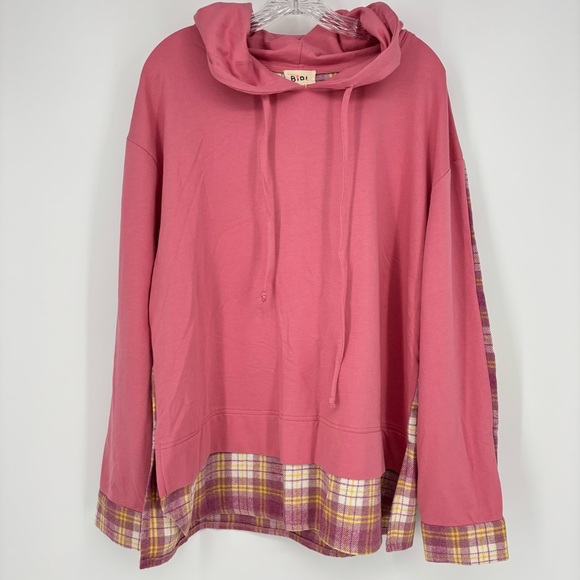 NWT Bibi Hoodie Pink Yellow Flannel Size Large Long Sleeve Button Cuff - Picture 1 of 8